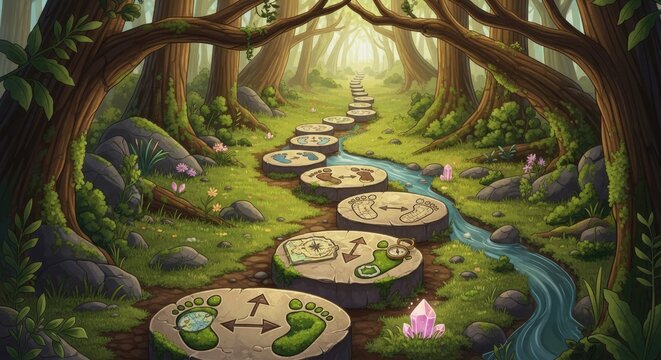 Fantasy forest path with stone steps and magical crystals.