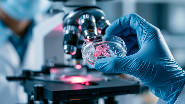An eye-level close-up stock photography of a clinical research setting. A scientist's hand in a blue latex glove holds a glass petri dish containing a subtle pink ribbon-shaped cul