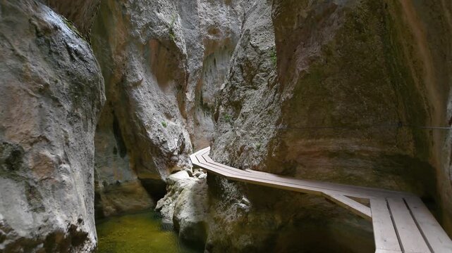 El Parrizal de Beceite Wooden Footbridge Over Crystal Clear River Spain