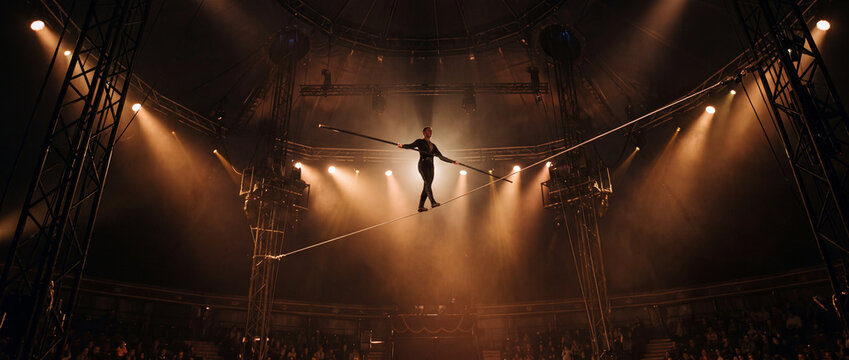 Tightrope walker balancing on high wire under spotlights above circus audience in dramatic performance