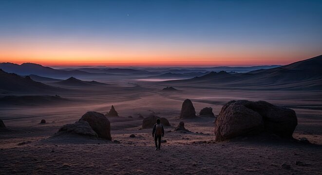 Lone figure walking through rocky desert landscape at dawn.