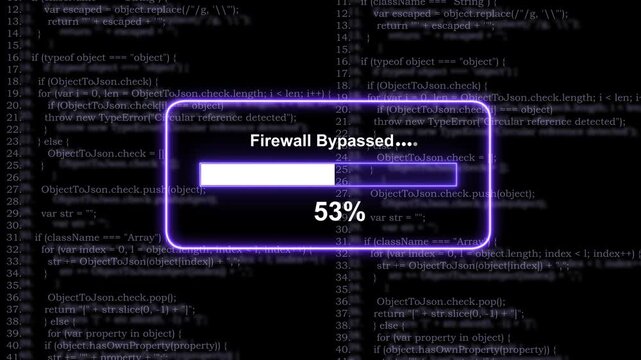 Cyber security breach concept featuring a glowing neon progress bar displaying firewall bypassed status with increasing percentage loading over abstract blurred javascript programming code background