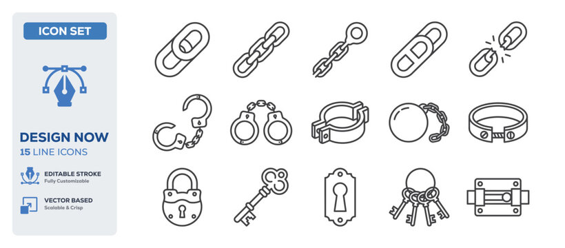 flat vector illustration line art icon bundle set design representing chain links padlocks handcuffs security metal keys and strong privacy protection graphic web UI app