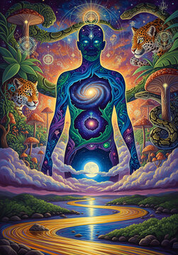Shamanic meditation. The journey of consciousness. Mystical Shaman. Generative AI.