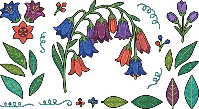 Vintage Bellflower Botanical Collection with Wildflower Blooms, Leaves, Floral Branches, and Decorative Nature Elements for Garden, Textile, and Vector Design