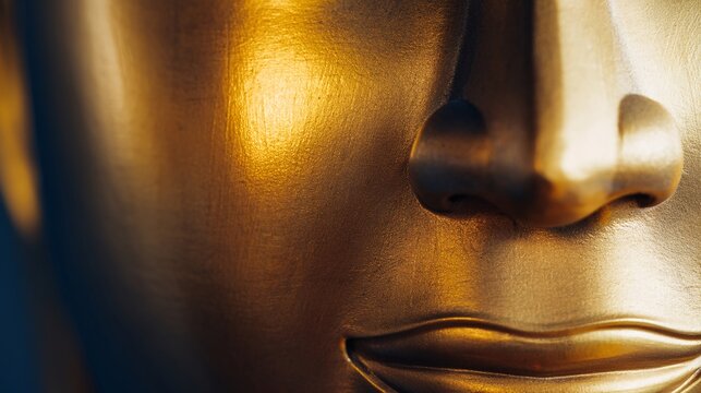 Detailed close up of a thai buddha's cheek showcasing soft golden reflections and highlights