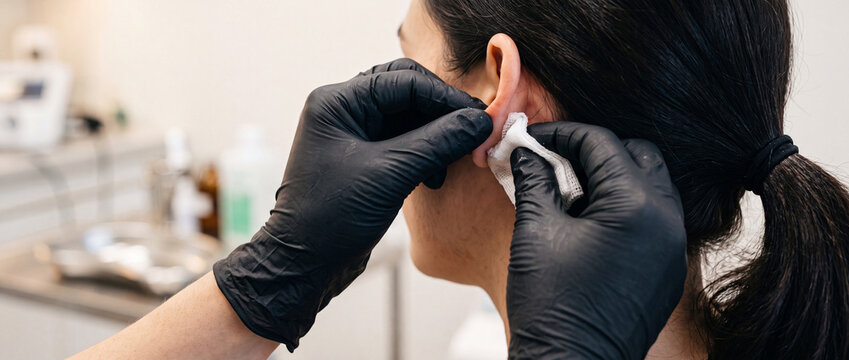 Professional ear piercing procedure in clinic with gloved technician caring for female client