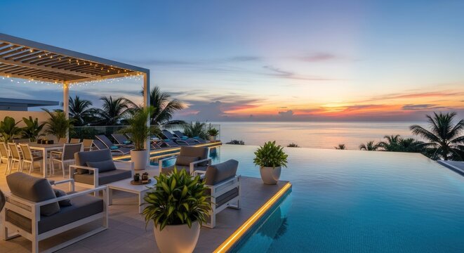 Luxury resort patio with infinity pool overlooking sunset ocean.