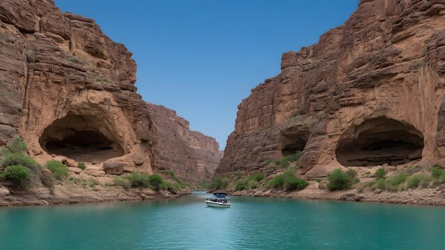 a boat floating on turquoise water between lush canyon cliffs under a clear blue sky, naturally recessed rock shelters distributed above the shoreline as evidence of differential weathering processes,