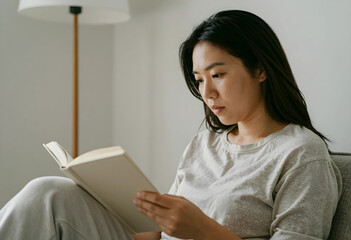 Naklejka premium East Asian woman reading book in minimalist home interior