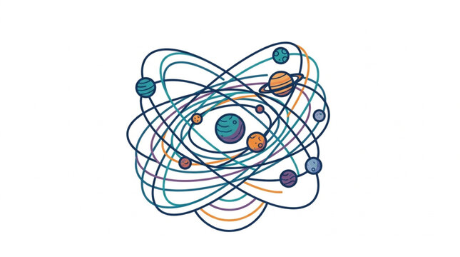 Abstract atomic structure with colorful orbiting particles.