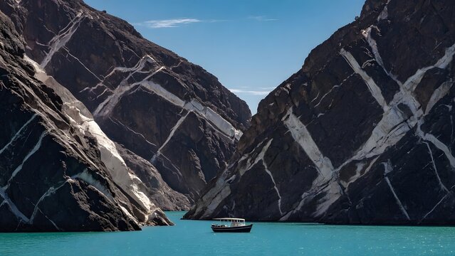 a boat floating on turquoise water between lush canyon cliffs under a clear blue sky, pale calcite veins crossing darker canyon rock and revealing ancient mineral movement through fractures, raking su