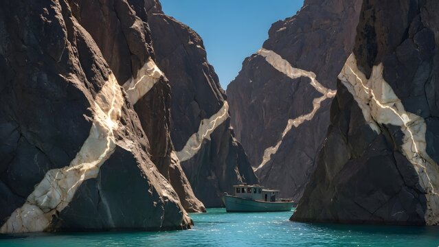 a boat floating on turquoise water between lush canyon cliffs under a clear blue sky, pale calcite veins crossing darker canyon rock and revealing ancient mineral movement through fractures, raking su