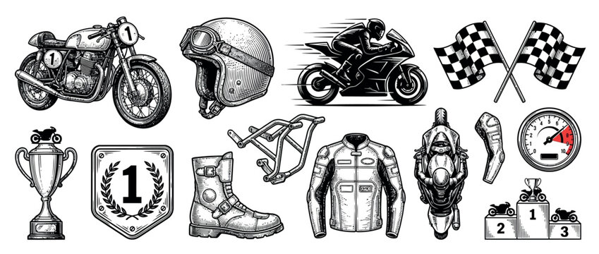Vintage motorcycle racing equipment and competition icons for motorsport branding and apparel design