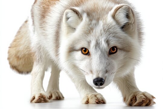 Arctic fox walks on white snow in clean studio setting with no distractions