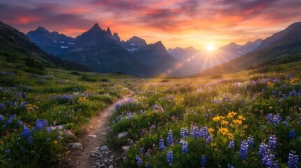 Fototapeta premium Sunrise over alpine meadow with wildflowers. Golden hour trail through vibrant mountain landscape at dawn.