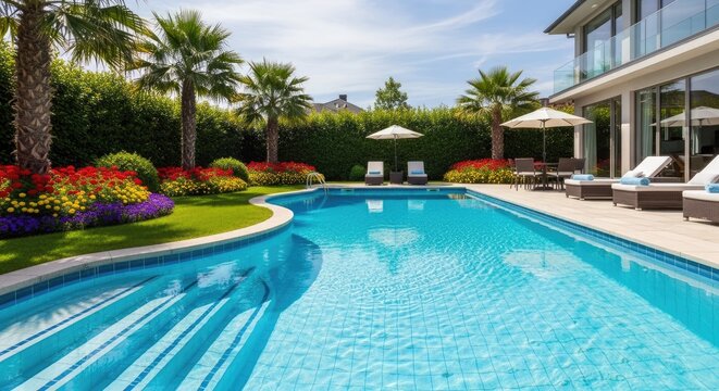 Modern villa with curved swimming pool and palm trees.