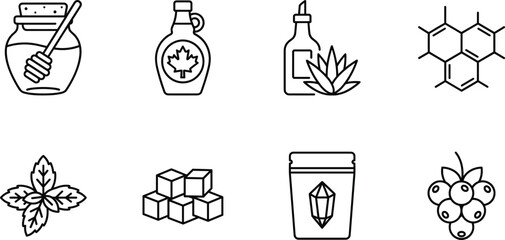 Natural sweet ingredients and sugar alternatives line icon set with honey maple syrup stevia vector © AKTAR
