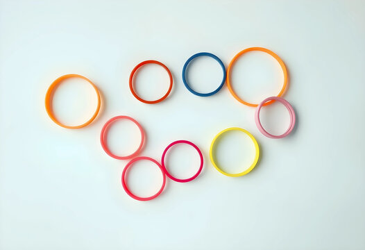 Colorful rubber bands flat lay on white background