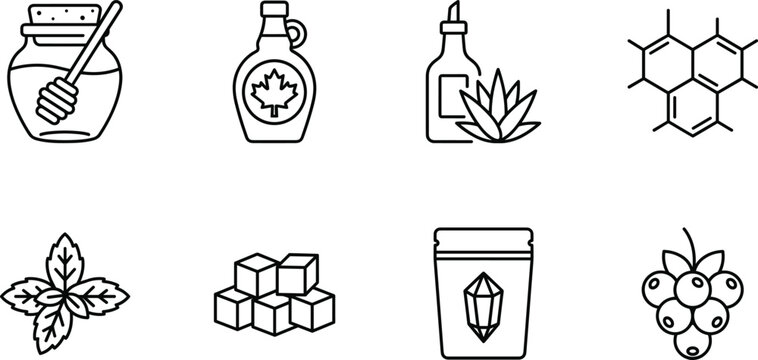 Natural sweet ingredients and sugar alternatives line icon set with honey maple syrup stevia vector