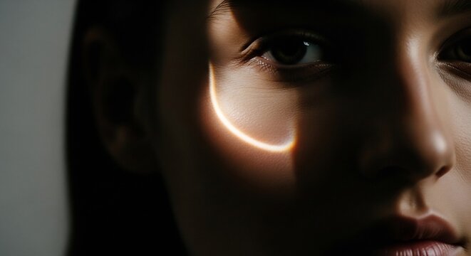 Extreme close up of female face with artistic light beam across cheekbone