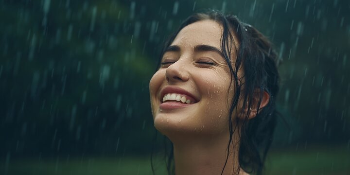 Happy individual with eyes shut smiling as raindrops accentuate their face in a serene outdoor environment