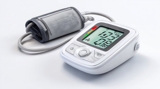 Digital blood pressure monitor on a clean white background for health checking