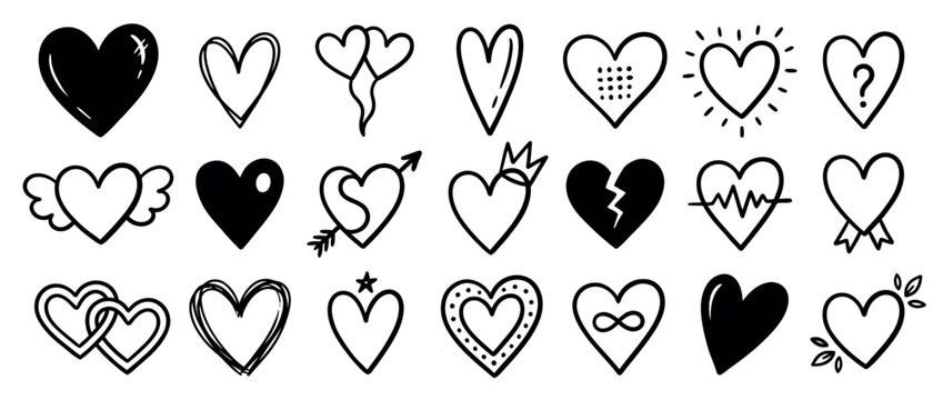 Hand drawn heart icons for romantic graphic design and social media decoration
