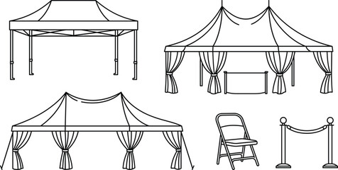 Event marquee and outdoor canopy tent line icon set with folding chair and barrier vector © AKTAR