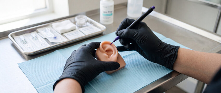 Ear piercing practice on mannequin ear with nitrile gloves in clinical training setting