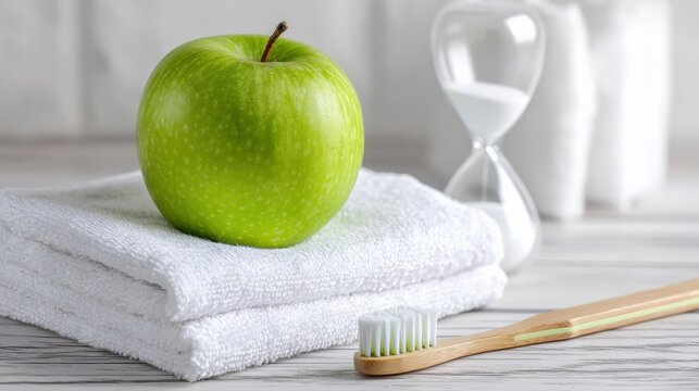 Healthy oral care setup with green apple, toothbrush, dental floss, and towel on a wooden table