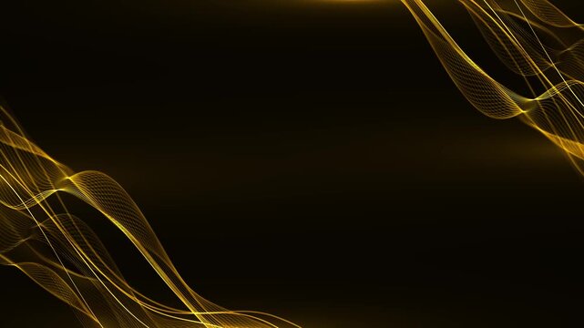 Black and gold abstract wave flowing mesh curves corner areas, smooth center space, premium luminous detail. luxury titles, elegant intros, product promos, brand corporate screens, motion overlays.