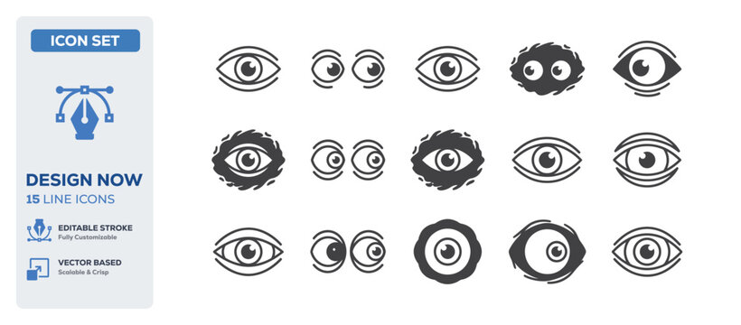 flat vector illustration line art icon bundle set design displaying scary monster eyes creepy halloween sights evil staring visions and horror animal body parts UI apps