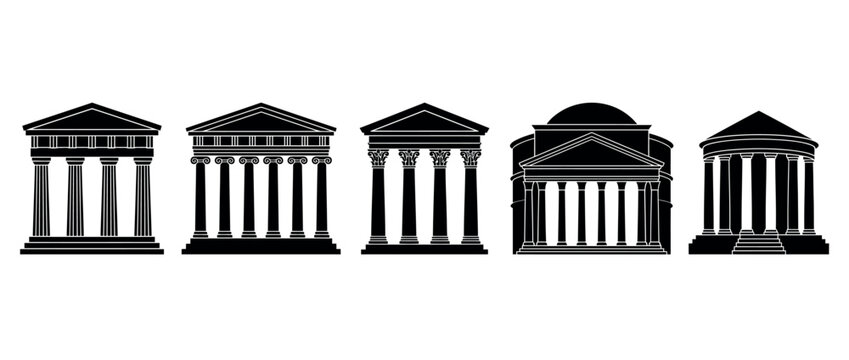 Classical architectural building silhouettes for banking, legal, and historical educational design projects