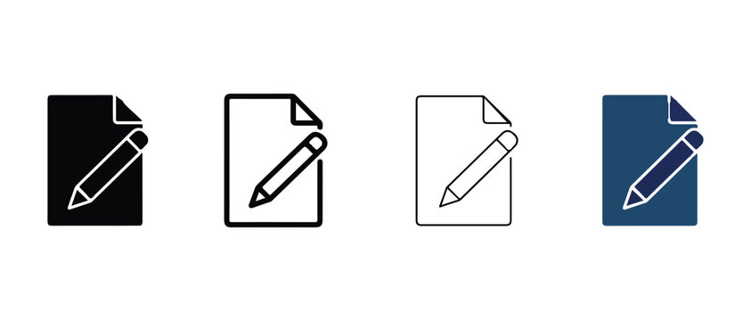 document editing icons showing pen tool with different colored and styled paper sheets isolated on transparent background