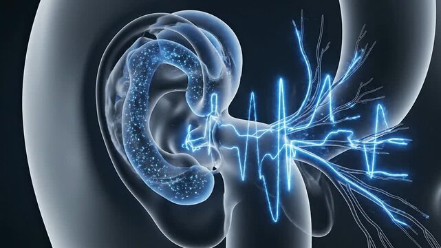 Advanced Visualization of Inner Ear Balance System with Neural Pathways and Fluid Dynamics in High-Tech 3D Render