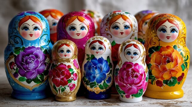 Matryoshka dolls in bright colors with floral designs arranged in a row on a white background