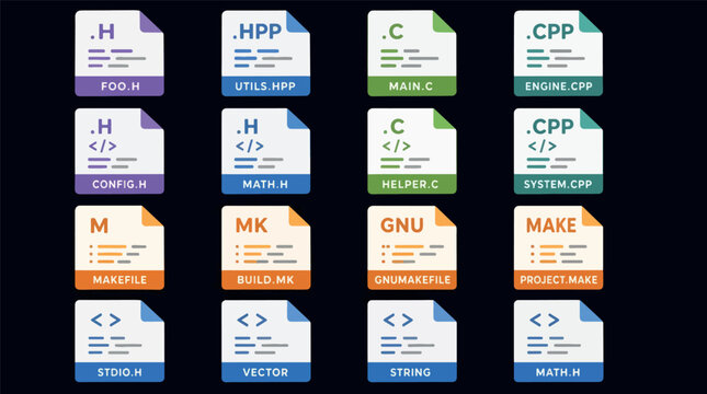Collection of various programming file icons including C, C , header, and make files.