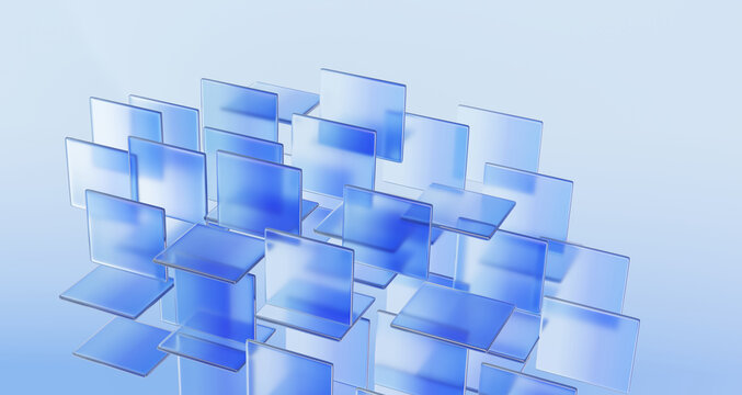 Glossy glass blue gradient square tech style abstract futuristic background. modern refraction dispersion shape layer premium banner texture holographic neon . 3d rendering illustration