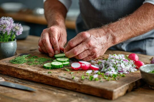 Hands cut vegetables for okroshka in a kitchen with natural light