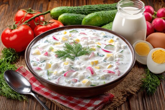 Minimalist photo of okroshka with kvass and fresh toppings in a ceramic bowl on a wooden table