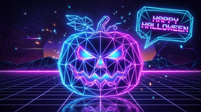 Retro synthwave style neon wireframe pumpkin for halloween