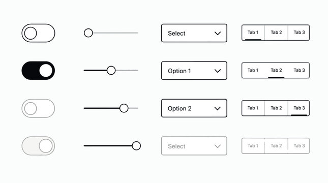 Collection of modern UI elements including toggles, sliders, dropdown menus, and tabbed interfaces.