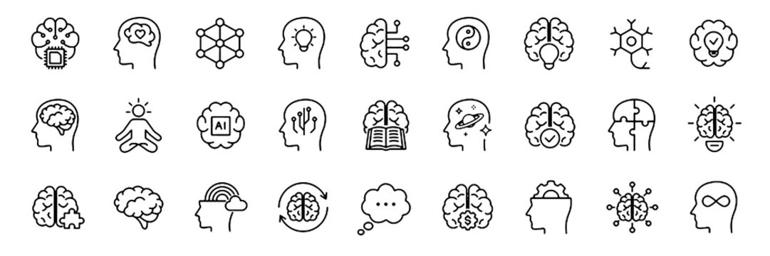 Brain icon set. Outline Icon Set Editable Stroke Vector Illustration.