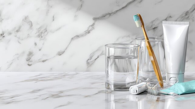 Premium oral care products on a marble countertop with clean space and natural light