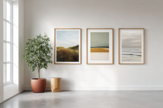 Minimalist living room with framed art and potted plant isolated on transparent background