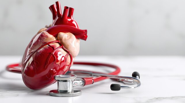 Red anatomical heart model with stethoscope on medical desk for healthcare and education concepts