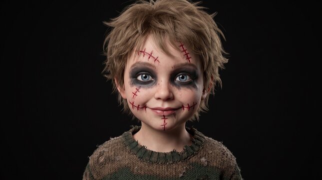 Creepy dolllike child with stitched face makeup