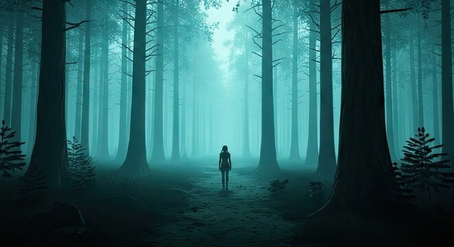 Small figure standing in misty pine forest morning light.