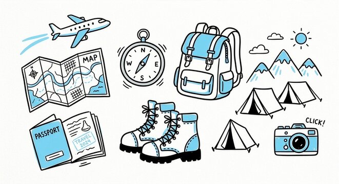Hand drawn travel and adventure elements set with adventure backpack passport